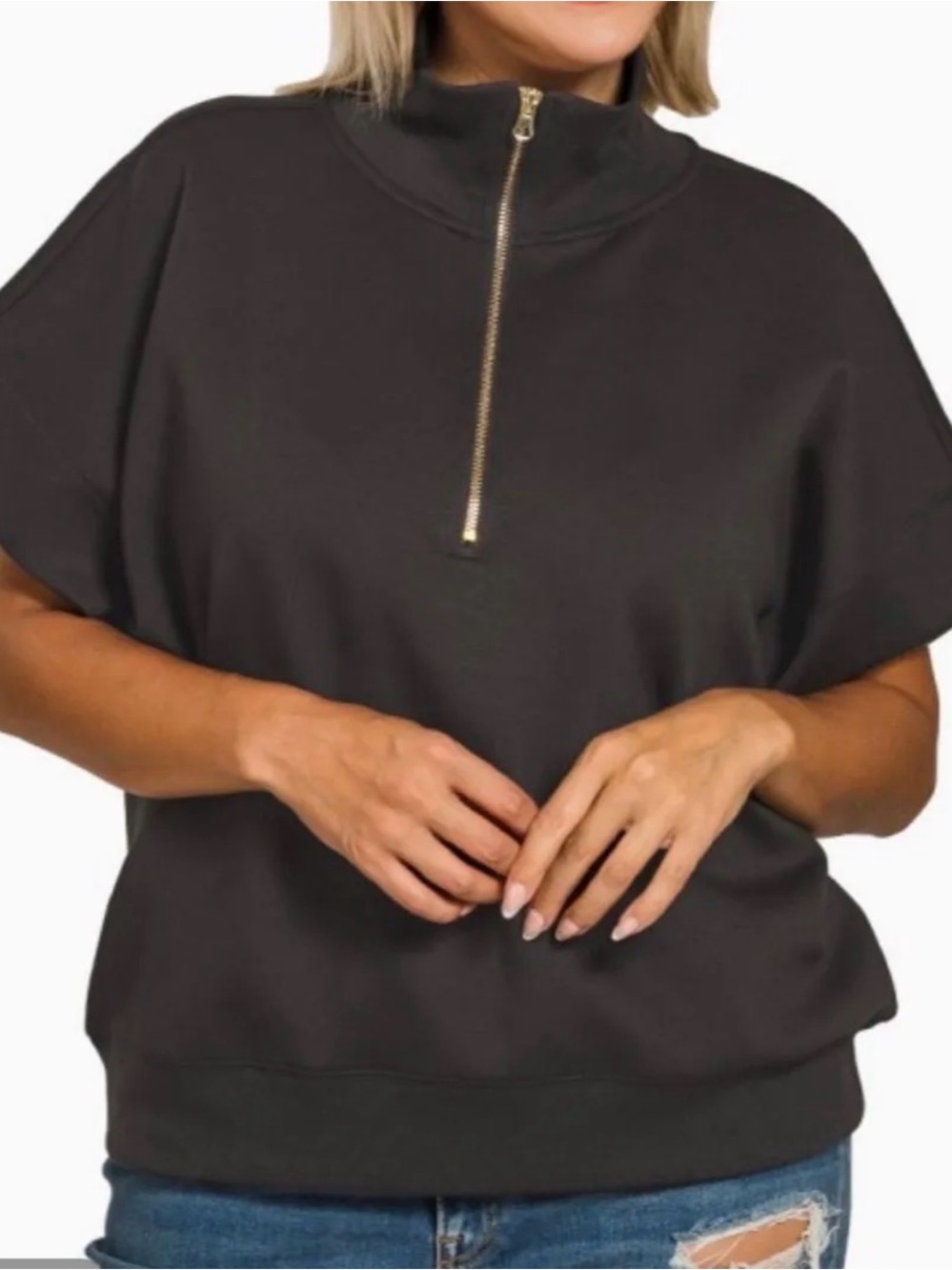 Zenana Outfitters Black Short-Sleeve Half-Zip Top with Gold Zipper - Picture 2 of 3